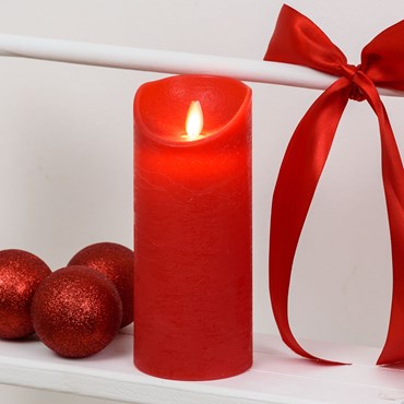Red rough wax Candle, h 18 cm, Ø 7.5 cm, warm white LED, timer