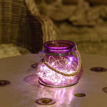 Vase en verre violet avec fil de lumière Ø 15 x h 12,5 cm, 40 MicroLED blanc chaud à pile