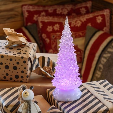 Weihnachtsbaum aus Acryl h 27 cm, LED bunt RGB, batteriebetrieben