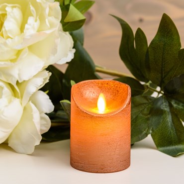 Coppery rough wax Candle, h 10 cm, Ø 7.5 cm, warm white LED, timer