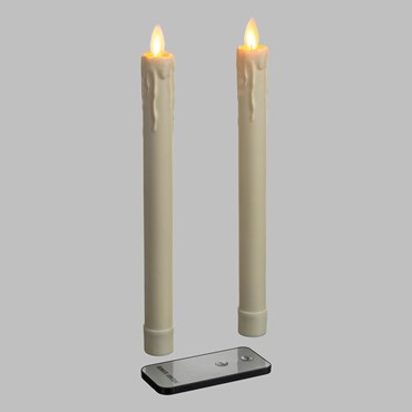Set 2 candele sottili in vera cera avorio con gocce, h 23 cm, led bianco caldo