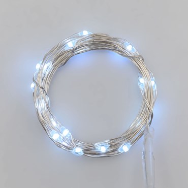 Lichterkette 1,9 m, 20 Micro LEDs kaltweiß, silberner Metalldraht, batteriebetrieben