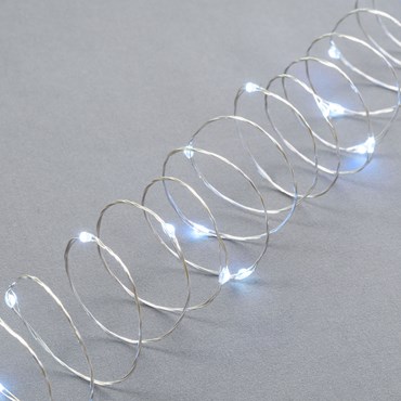 10m Battery String Lights, 100 White MicroLEDs, Silver Metal Wire