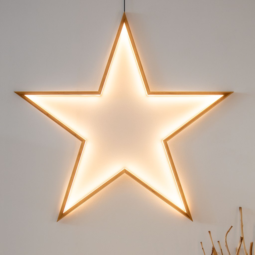 Rana Presentador milicia Design Wood Light, Estrella de madera natural, 110 cm, led blanco cálido,  uso interior - Figuras luminosas 2D