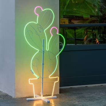 Potted Prickly Pear Neon Lights SMD, h. 117 cm, Warm White Green and Pink Leds