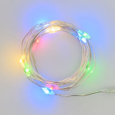 Lichterkette 0,9 m, 10 Micro LEDs Multicolor, silberner Metalldraht, batteriebetrieben