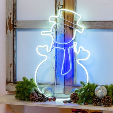 Schneemann 58 cm aus LED Neon Lichtschlauch, blau und kaltweiß