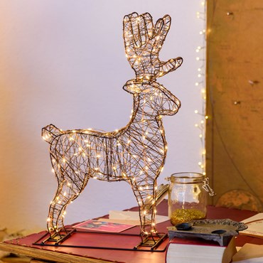3D Reindeer in Brown Metal Christmas Figure, H.60cm, 140 Warm White MicroLEDs on Copper Wire