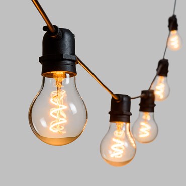 VINTAGE LED 36V, Vintage Glühbirnen Lichterkette mit LED Tropfen Birnen aus Glas Ø 6 cm, Spiral Filament warmweiß, schwarzes Kabel, erweiterbar