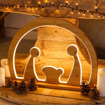 42cm Natural Wood and Nativity with base, Design Wood Lights, Warm White Leds