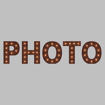 Rusty Metall Leuchtschrift PHOTO, H. 90 cm, E14 LED Filament Birnen, warmweiß