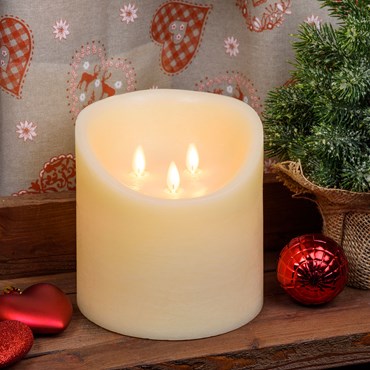 Ivory rough wax Candle, 3 flames, h 15 cm, Ø 15 cm, warm white LED, timer