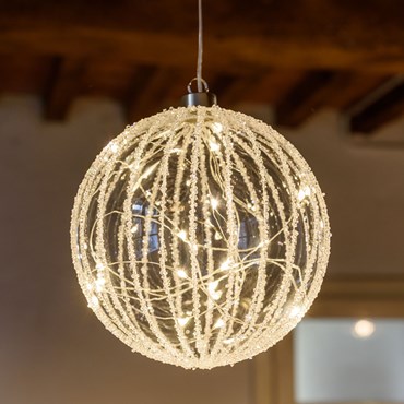Sphère en verre décoré en lignes à accrocher Ø 15 cm, 20 microled blanc chaud, timer, à piles 