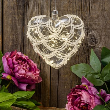 Cœur en verre décoré à accrocher, Ø 18 cm, 20 microled blanc chaud, timer, à piles