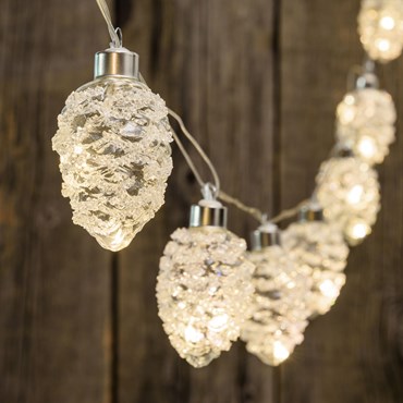2.5m, 10 Glass Pinecones h 70 mm, 20 Warm White MicroLEDs, Clear Cable