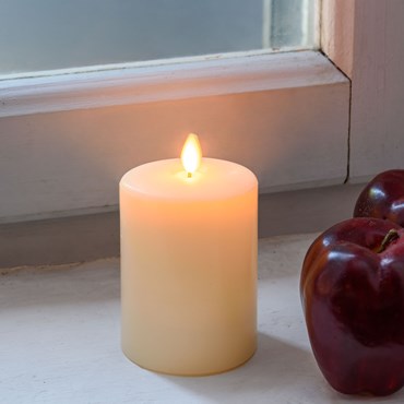 Pillar Candle with wick, shiny smooth ivory wax, h 10 cm, Ø 7.5 cm, warm white LED