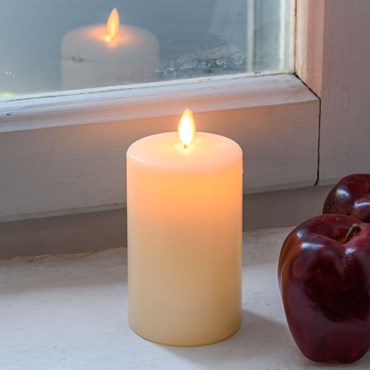 Pillar Candle with wick, shiny smooth ivory wax, h 12.5 cm, Ø 7.5 cm, warm white LED