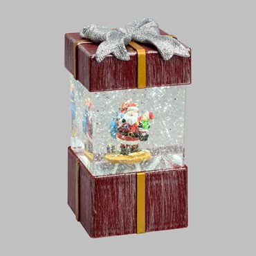 Farol navideño paquete regalo rojo antiguo con pupurina brillante en el agua, h. 18 cm, led blanco frío, a pilas