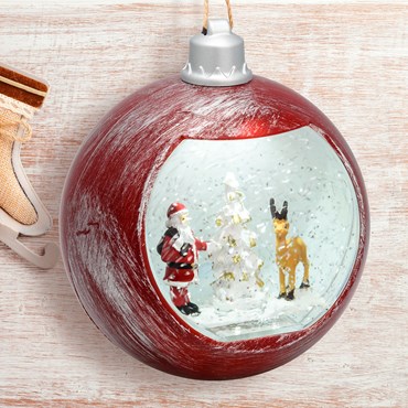 Farol navideño bola rojo antiguo con purpurina brillante en el agua, h. 16 cm, led blanco frío, a pilas