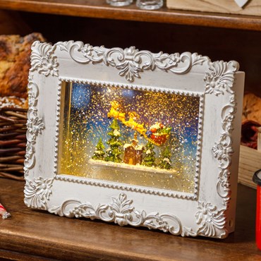 Battery-Powered Picture with Santa Claus on his Sleigh, Sparkling Glitter in moving water, 27 x h 21 cm, Warm White LEDs