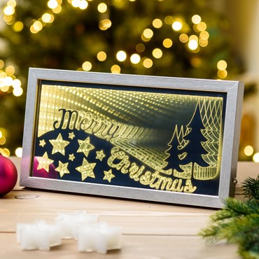Portarretratos plateado Merry Christmas, efecto Infinity Mirror, 32 x h. 17 cm, pilas y USB, led blanco cálido