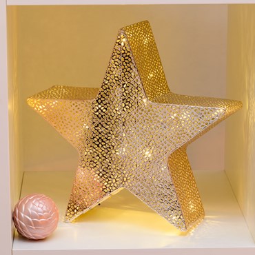 Ø 30 cm, h 28 cm, 24 Warm White LEDs, Champagne Perforated Metal Star, Battery
