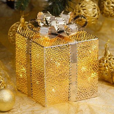 Geschenkpaket Champagne Farbe h 21,5 cm aus Metall, 30 LEDs warmweiß, batteriebetrieben