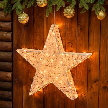 h 55 cm, 120 Traditional Warm White LEDs Cream & Brown Multipurpose Star 3D Lights with Stake, Timer