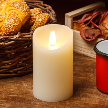Pillar Candle with 3D flame, shiny smooth ivory wax, h 12.5 cm, warm white LED