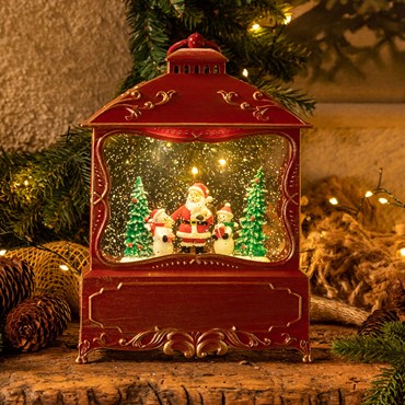 Lanterna natalizia a batteria rosso antico con nevicata glitter, h. 27 cm, led bianco caldo