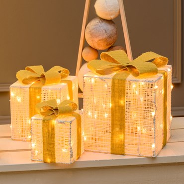 3D Light Cream & Brown 3er Set Geschenkpakete, h 25/20/15 cm, 120 LEDs Extra Warmweiß