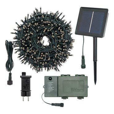 Lichterkette 50 m, 1000 LEDs warmweiß, grünes Kabel, mit Trafo, Batteriehalter und Solarpaneel inkl.