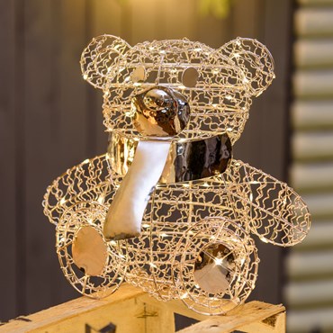 Sitzender Teddybär aus champagnefarbenem Metalldraht h 27 cm, 80 MicroLEDs warmweiß, batteriebetrieben innen
