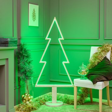 Design Wood Light Smart Led, Albero di Natale con base in legno sbiancato, 145 cm, led RGB e Bianco Caldo, uso interno
