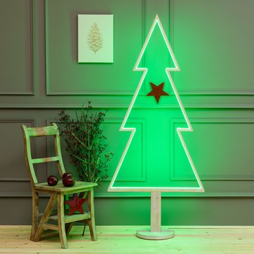 Design Wood Light Smart LED, LED-Tannenbaum aus weißem Naturholz auf Fuß, 170 cm, RGB und warmweiß, innen