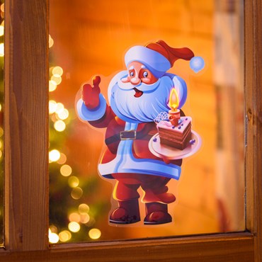 Autocollant vitre de Noël à pile, Père Noël avec gâteau, 25 cm, led blanc chaud, utilisation en intérieur avec timer