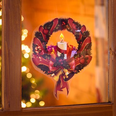 Autocollant vitre de Noël à pile, Couronne avec Bougie, 25 cm, led blanc chaud, utilisation en intérieur