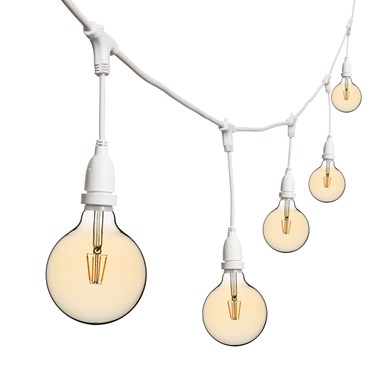 Guirlande Guinguette 5 m, 8 ampoules led 8 Watt pendantes globe dimmables Ø 125 mm, h. 30 cm, câble blanc, prolongeable