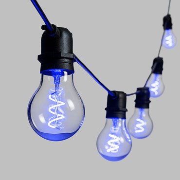 Guirlande SERIE VINTAGE LED 36V, Guirlande prolongeable 10 ampoules goutte en verre, Ø 60 mm E27, led bleu filament en spirale, câble noir