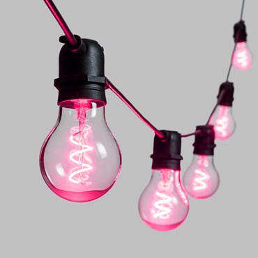 VINTAGE LED 36V, Lichterkette mit LED Tropfen Birnen aus Glas Ø 6 cm, Spiral Filament pink, schwarzes Kabel, erweiterbar
