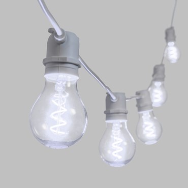 VINTAGE LED 36V, Lichterkette mit LED Tropfen Birnen aus Glas Ø 6 cm, Spiral Filament kaltweiß, weißes Kabel, erweiterbar