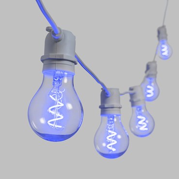 Serie VINTAGE LED 36V, Catena prolungabile 10 lampadine goccia in vetro Ø 60 mm E27, led blu a spirale, cavo bianco