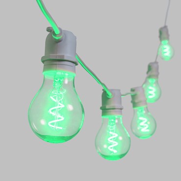5m Festoon Lights, 10 Spiral E27 Ø6cm Bulb Lights, Green, White Cable, Vintage LED 36V Series