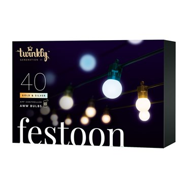 Twinkly Party Light Festoon Lichterkette Gold Edition,40 Kugeln Ø 45 mm, 20 m, schwarzes Kabel