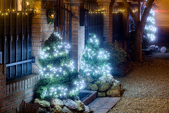 Weihnachtsbeleuchtung 2022 Weihnachtsbäume im Garten beleuchtet mit LED-Lichterketten