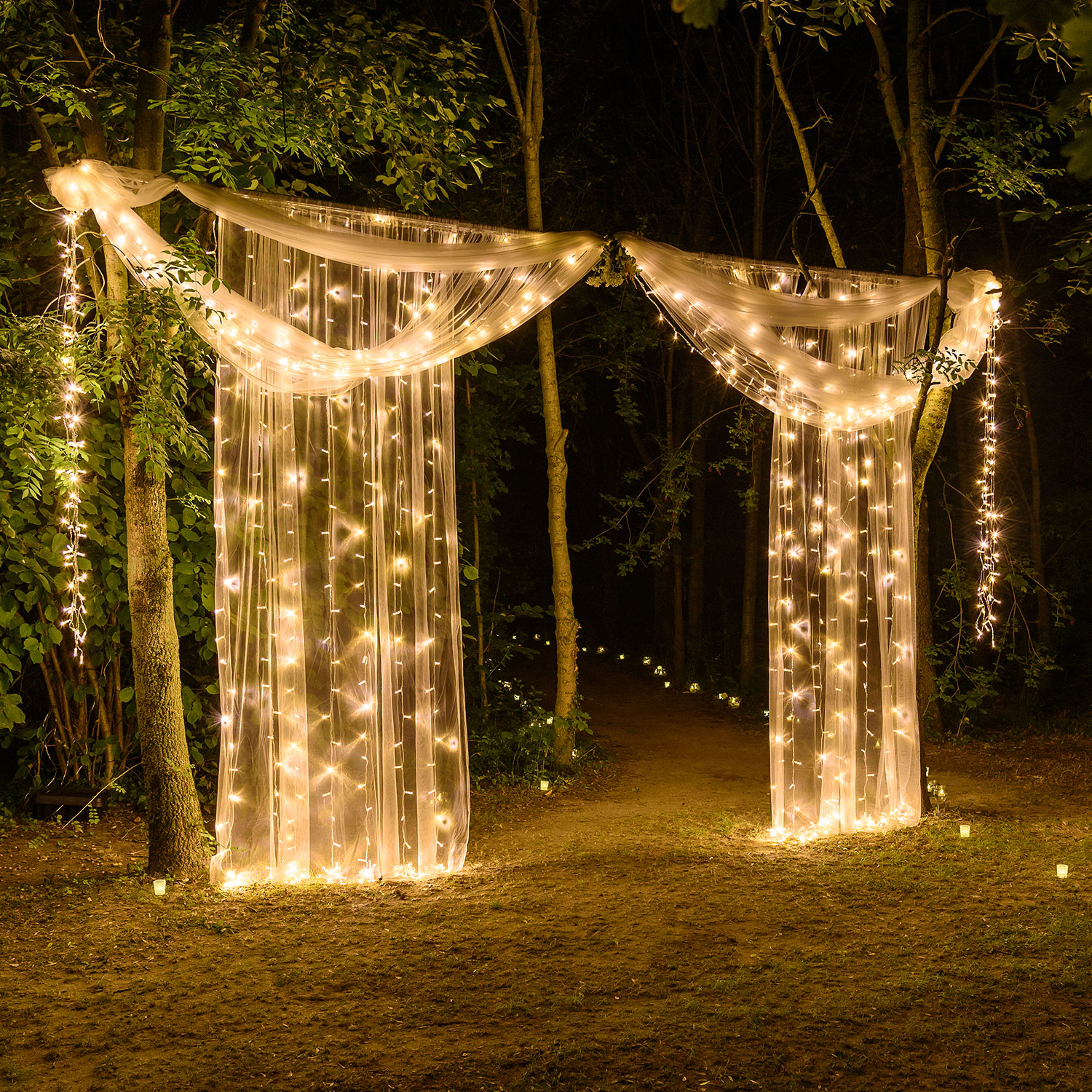 Matrimonio all'aperto nel bosco illuminato con tenda led
